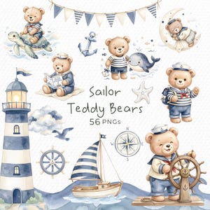 Clipart de osito marinero – Paquete PNG de bebé náutico azul