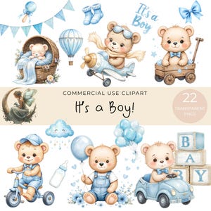 It&#39;s a Boy Clipart Bundle | Baby Shower PNGs | Blue Teddy Bears | Newborn Baby Graphics | Commercial Use