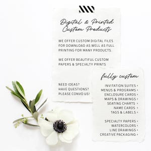 May include: White paper with the text "Digital & Printed Custom Products" and "fully custom". The image also features a white flower with a black center and green leaves. The text describes custom digital files, printing, and specialty papers.