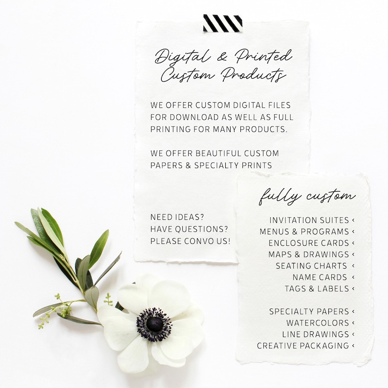 May include: White paper with the text "Digital & Printed Custom Products" and "fully custom". The image also features a white flower with a black center and green leaves. The text describes custom digital files, printing, and specialty papers.