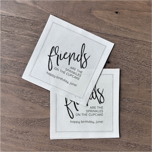 Cotton and Paper Napkins - Personalized Custom Napkins - Wedding Birthday Baby Shower - Beverage or Cocktail Size - FREE U.S. Shipping friends sprinkles