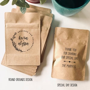 May include: Brown paper bags with a black stamp design. One bag says "Grounds for Celebration" with the names "Kevin + Alyssa" in a floral wreath. The other bag says "Thank you for sharing our special day" with the text "The Murphys" below.