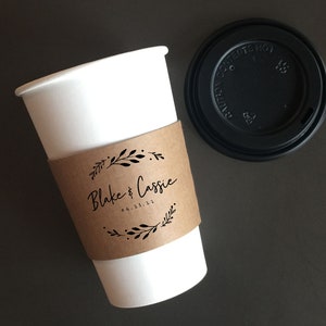 Wedding - Personalized Custom Printed Coffee Sleeves - Optional Cups, Lids & Stir Sticks - Customize Your Phrase - White or Brown Kraft