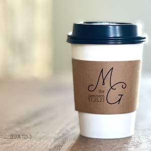 Wedding Logo Personalized Custom Printed Coffee Sleeves - Optional Cups & Lids - Customize Design - White or Recycled Natural Brown Kraft