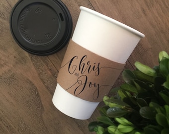 Personalized Coffee Sets - Custom Printed Brown Kraft Sleeves, White Cups and Black Lids