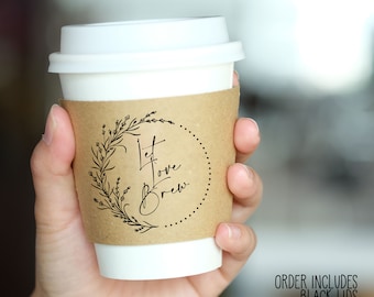 Standard Design (Not Custom) Printed Coffee Sleeves OR White Cups, Brown Sleeves, Black Lids - Brown or White Sleeves - Free U.S. Shipping