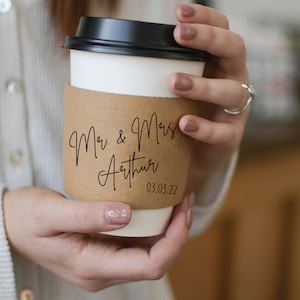 Wedding - Personalized Custom Printed Coffee Sleeves - Optional Cups & Lids - Customize Your Phrase - White or Recycled Natural Brown Kraft