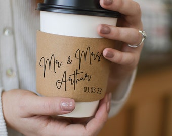 Wedding - Personalized Custom Printed Coffee Sleeves - Optional Cups & Lids - Customize Your Phrase - White or Recycled Natural Brown Kraft