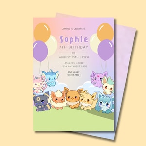 Eevee Birthday Invitation: Pastel Kawaii Foxes, Editable Template (5x7 Digital Download)