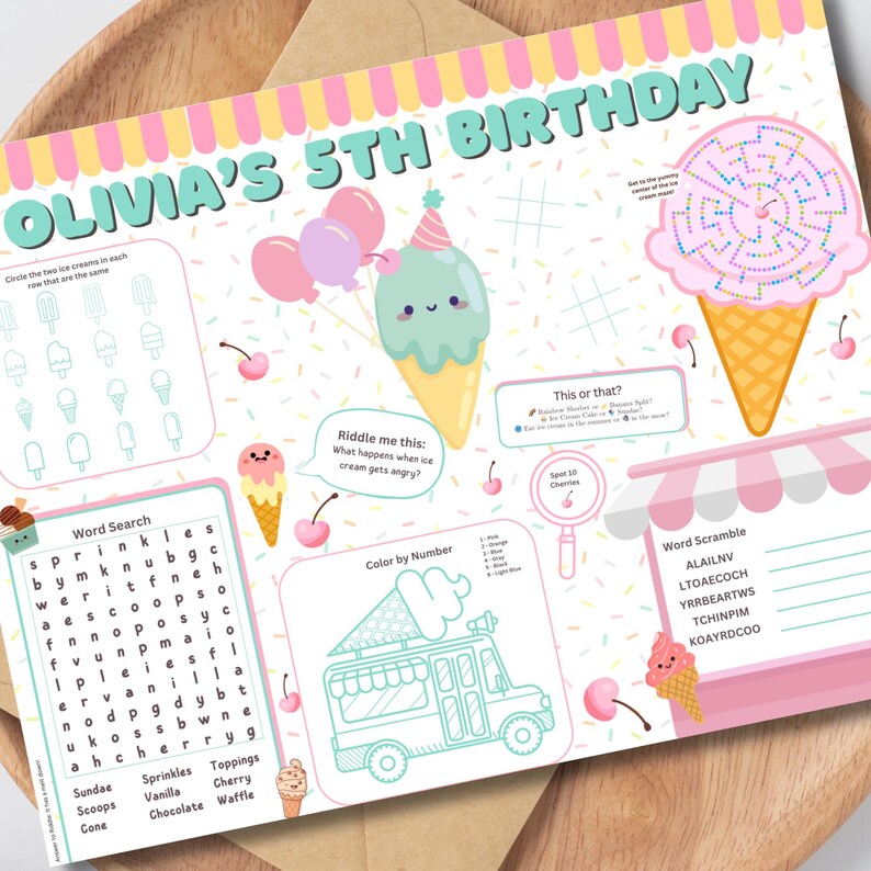 Ice Cream Activity Placemat, Printable Activity Sheet, Ice Cream Party