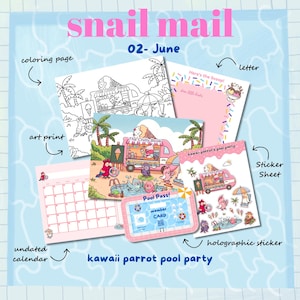 Può includere: Una collezione di articoli di cancelleria a tema festa in piscina con pappagalli, tra cui una pagina da colorare, un foglio da lettere, una stampa artistica, un calendario senza data, un foglio di adesivi, un adesivo olografico e una tessera.