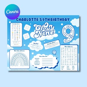 以下が含まれることがあります： 「Charlotte's 9th Birthday」と「Cloud Nine」の文字が入った、青色の9歳の誕生日パーティー用アクティビティシート。迷路、ワードサーチ、ワードスクランブル、「Color Your Rainbow」アクティビティが含まれています。Canvaのロゴが見えます。