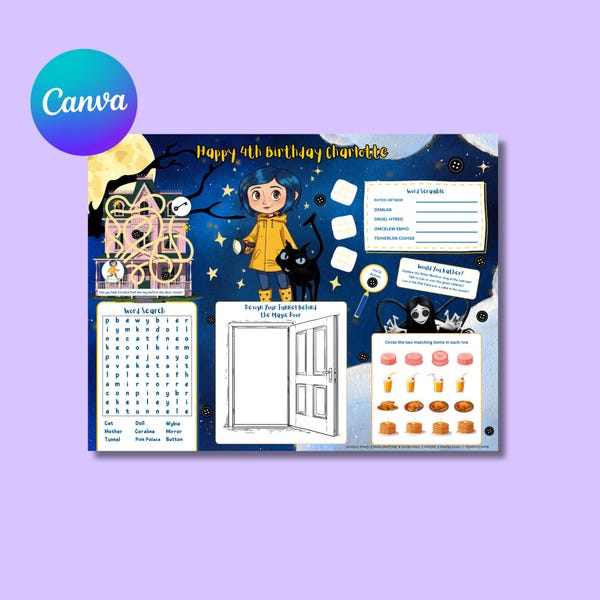 Coraline-inspirierte Geburtstagsaktivität Tischset, bearbeitbare Coraline Jones Aktivität Blattvorlage, digitaler Download in Farbe
