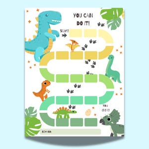 May include: A colourful dinosaur-themed chart with the text "You Can Do It!" and "Start!" and "You did it!" The chart features illustrations of various dinosaurs, footprints, and a reward section. The background is white with green and yellow accents.