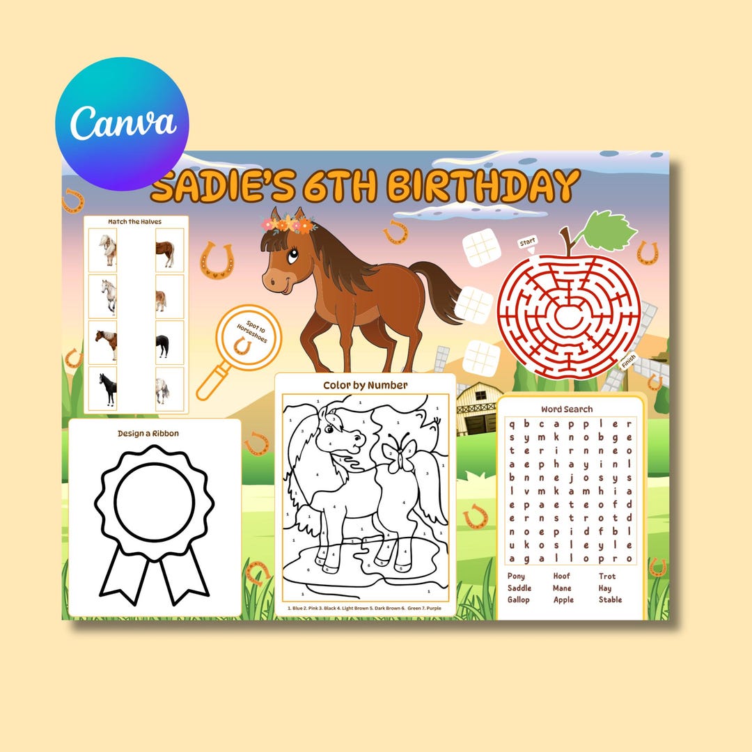 Cowgirl Birthday Activity Placemat: Editable Horse Lover Party Game ...