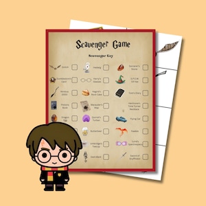 May include: A Scavenger Game sheet with a parchment-style background and red border, featuring a list of items to find with checkboxes. A cartoon character with brown hair, round glasses, and a red and yellow scarf is positioned in the foreground.