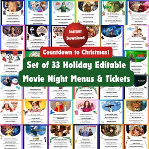 33 Christmas Dinner and a Movie Night Menus & Tickets, Holiday Movie Night Ideas for Family Movie Night, Kid Friendly Editable Menus