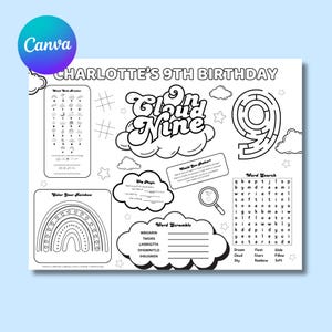 May include: A black and white activity placemat for a 9th birthday. The placemat includes a word search, word scramble, maze, and a rainbow coloring activity. The text "Charlotte's 9th Birthday" is at the top.