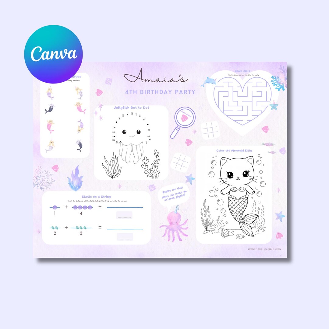 Mercat Pool Party Editable Activity Placemat, Mermaid Kitty Summer ...
