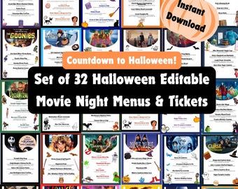 May include: A collection of 32 Halloween-themed movie night menus and tickets. The menus feature various movie titles with themed food and drink suggestions. The image includes the text "Countdown to Halloween!" and "Instant Download."