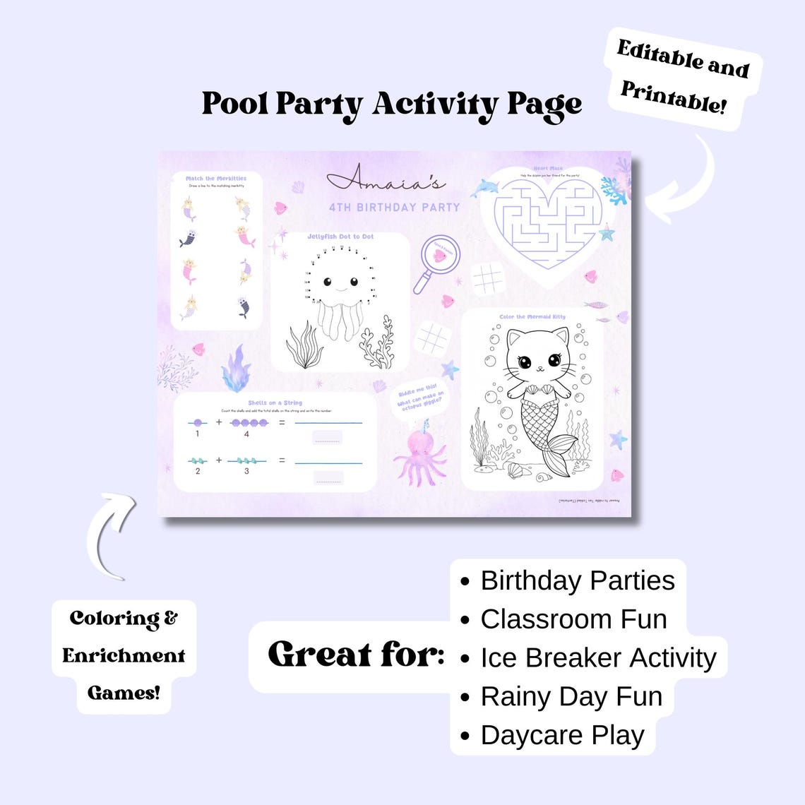Mercat Pool Party Editable Activity Placemat, Mermaid Kitty Summer ...