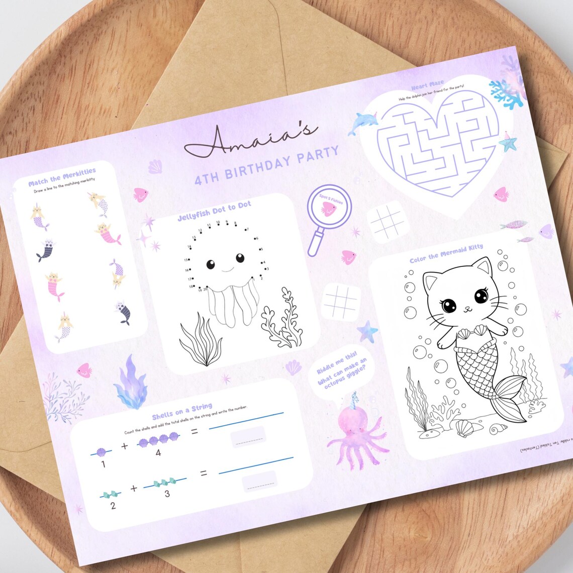 Mercat Pool Party Editable Activity Placemat, Mermaid Kitty Summer ...