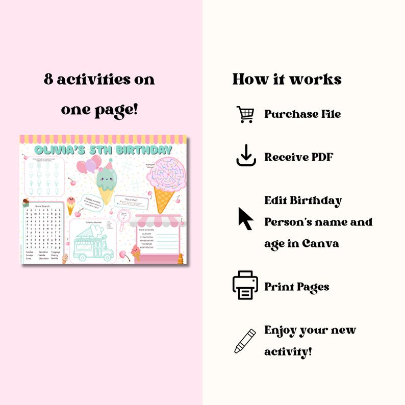 Ice Cream Activity Placemat, Printable Activity Sheet, Ice Cream Party