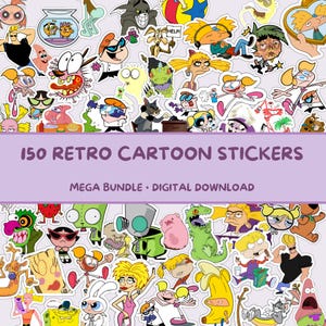 May include: A collection of 150 colorful vinyl stickers featuring various animated cartoon characters from 1990s and 2000s television shows. The stickers are arranged in a collage format with a central purple banner displaying the text 150 RETRO CARTOON STICKERS MEGA BUNDLE DIGITAL DOWNLOAD.