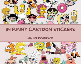 34 Retro Cartoon Stickers PNG – 90s Nostalgia Printable Pack for Journals & Laptops