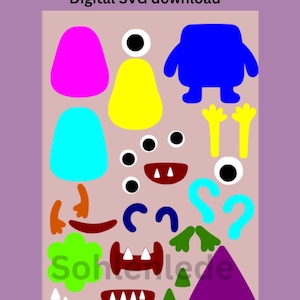 May include: A digital download of SVG files for building your own monsters. The image shows a variety of colorful monster parts, including bodies, eyes, mouths, arms, and legs.