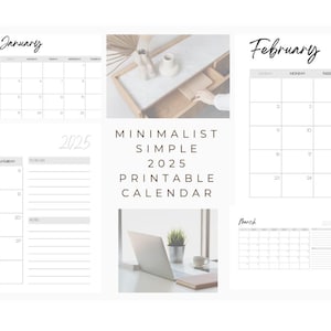 Puede incluir: Un calendario imprimible minimalista de 2025 con diseños mensuales para enero, febrero y marzo, además de una lista de tareas y una sección de notas. El diseño es sencillo, con un fondo blanco limpio y texto negro.