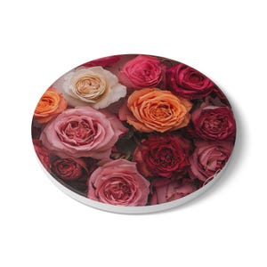 Colorful Valentines Roses Ceramic Coaster, Drink Coaster, Home Decor, Valentine&#39;s Day Gift, Floral Coaster, Table Coaster