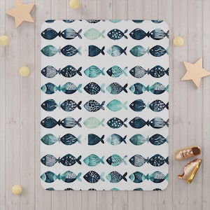Baby Blanket, Nautical Blue Fish Design, Ocean Nursery Decor, Newborn Swaddle Wrap, Infant Bedding Gift, Marine Theme Receiving Blanket,
