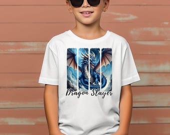 Camiseta infantil de Dragon Slayer, camiseta con gráfico de dragón azul para niño, camiseta de fantasía y aventura, camiseta genial para gamers, regalo de cumpleaños para niños