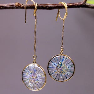 Handmade Lace Flower Earring/Botanical Resin Drop Earring/Long Floral Resin Earring/Flower Earring with Gold Chain/Unique Gift for Her