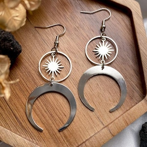 Celestial Sun and Moon Earrings, Bohemian Sun Earrings, Everyday Minimalist Earrings, Statement Dangle Hoop Earrings, Witchy Jewelry Gift