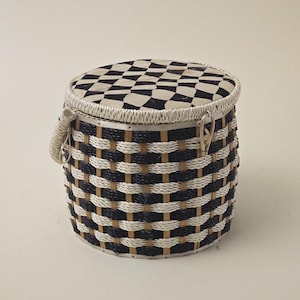 Vintage Woven Sewing Basket: Checkerboard Pattern, Needle Storage
