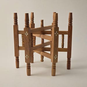 Wooden Tray Planter Stand l Hand Carved Vintage Folding Six Pegs Stand l 12.5&quot; l Pation Decor l Pop up l Traditional Tea Table l Morrocan