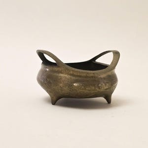 Vintage Brass Footed Cache Pot | Etched Metal Planter | Boho Decorative Vessel