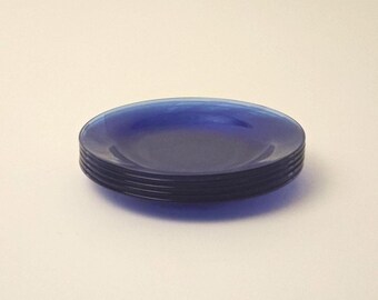 Platos de ensalada de cristal azul cobalto vintage - Juego de 5 - Diseño cúbico de mediados de siglo