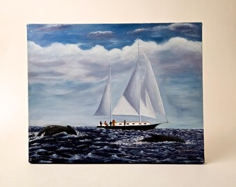 Signed Sailboat Painting: Nautical Seascape with Whales - Coastal Wall Art