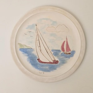 Vintage Nautical Themed Hand-Painted Wall Plate – Signed Simon – Ceramic Art Plate with Wire Hanger – Rustic Farmhouse Kitchen Wall Decor
