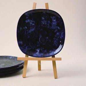 Vintage Beauce Art Pottery Plates: Cobalt Blue Marbled Glaze, MCM Set of 4