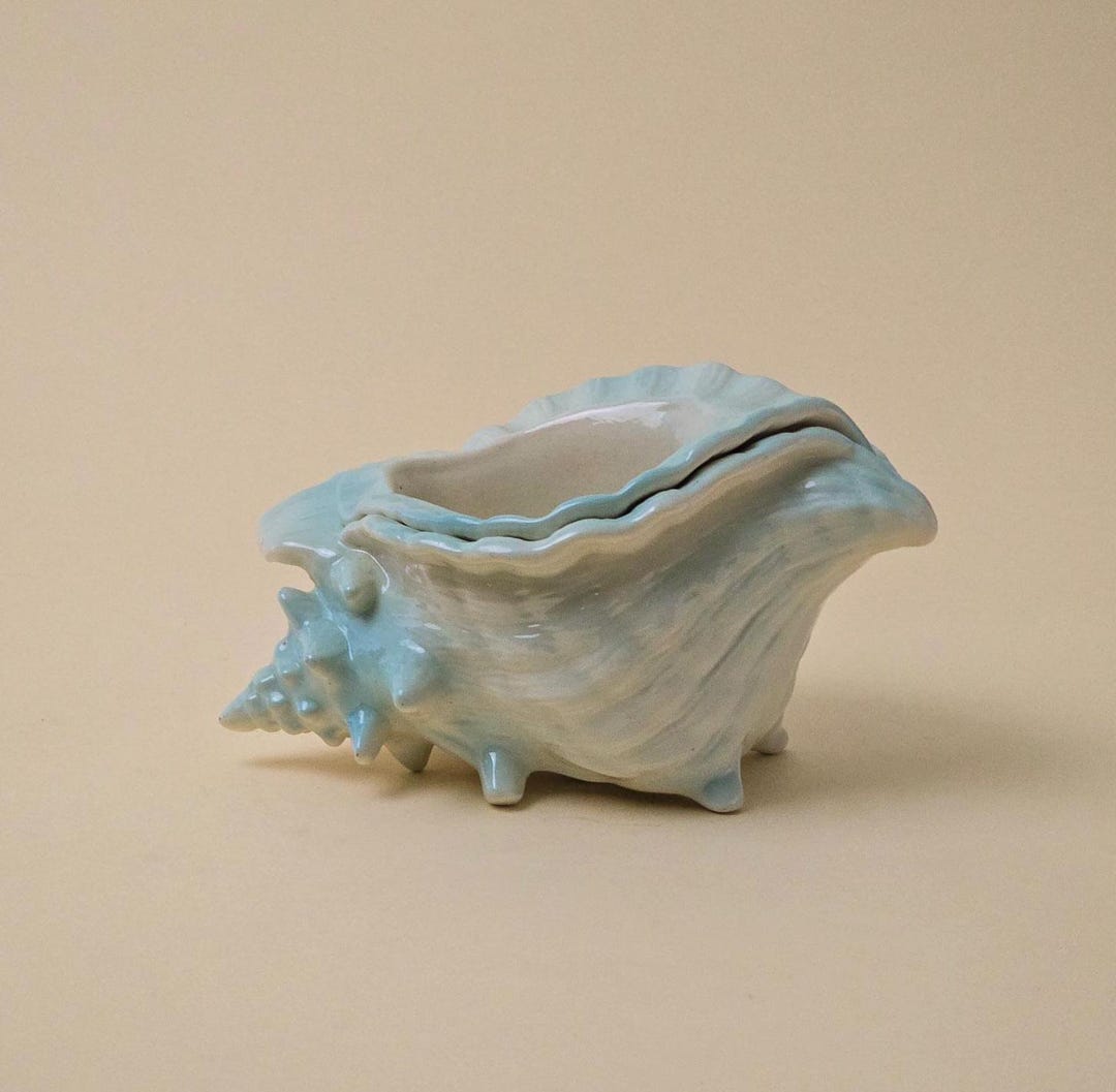 Vintage Shell Conch Shape Self Watering Blue Ceramic Planter L Beach ...