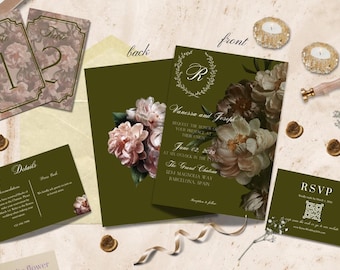 Collection Minuit | faire-part de mariage de mauvaise humeur romantique de style vintage | Mariages romantiques Régence | Olive et initiales | Modèle modifiable