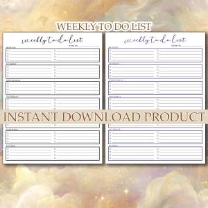 Könnte beinhalten: Zwei druckbare Wochen-To-Do-Listen-Vorlagen. Jede Vorlage hat Abschnitte für Montag bis Sonntag mit Kontrollkästchen für jede Aufgabe. Der Text "WEEKLY TO DO LIST" und "INSTANT DOWNLOAD PRODUCT" sind sichtbar.