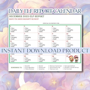 Calendário de Relatórios Diários do Elfo - Dezembro de 2025 - Download Instantâneo - Quadro de Comportamento Divertido - Atividade de Natal