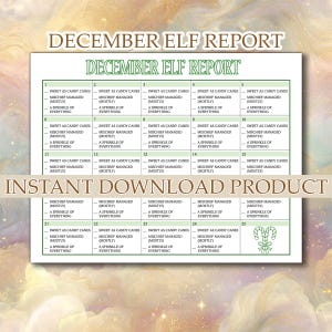 Könnte beinhalten: Ein druckbarer Dezember-Elf-Bericht mit Rasterlayout. Jeder Tag hat einen Abschnitt für "Sweet as Candy Canes", "Mischief Managed" und "A Sprinkle of Everything". Die Worte "Instant Download Product" sind ebenfalls sichtbar.