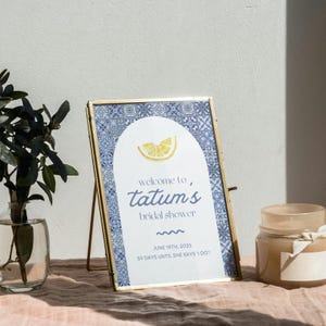 Lemon Citrus Bridal Shower Welcome Sign | Mediterranean Amalfi Italy Theme | Editable Canva Template | Blue Tile Positano Digital Download