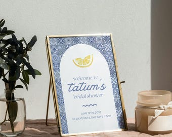 Lemon Citrus Bridal Shower Welcome Sign | Mediterranean Amalfi Italy Theme | Editable Canva Template | Blue Tile Positano Digital Download